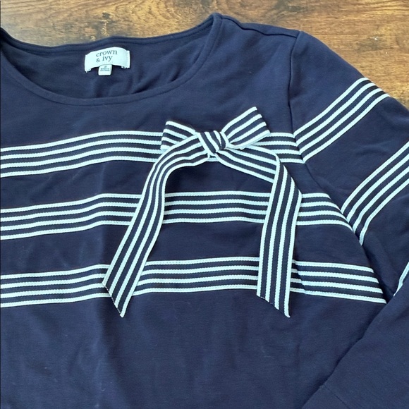 Crown & Ivy Navy Top with White Stripes and Bow - Picture 3 of 8